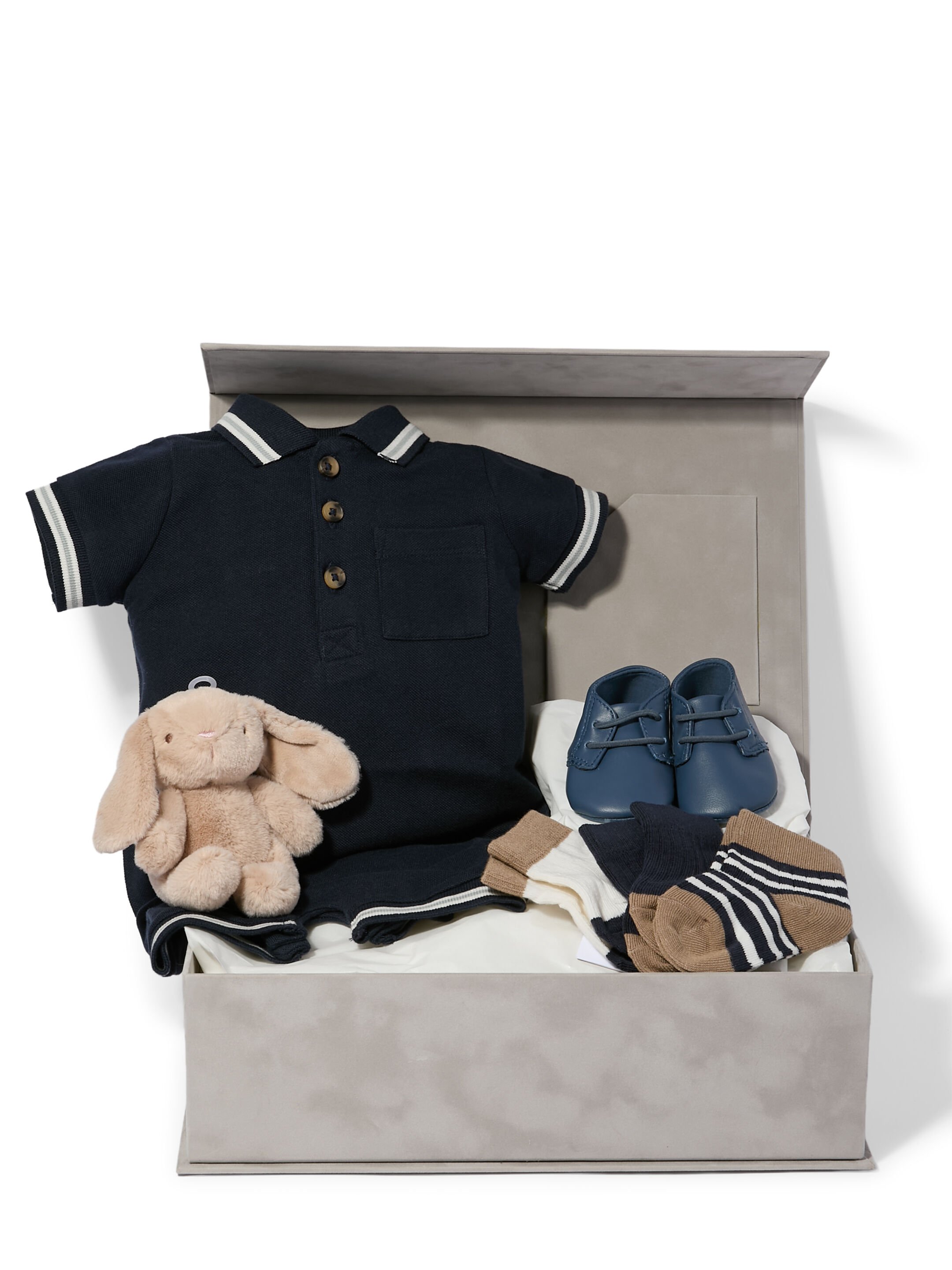 Polo Romper - 5 Piece Gift Set with Leather Pram Shoes and Soft Toy Tan Bunny Beanie